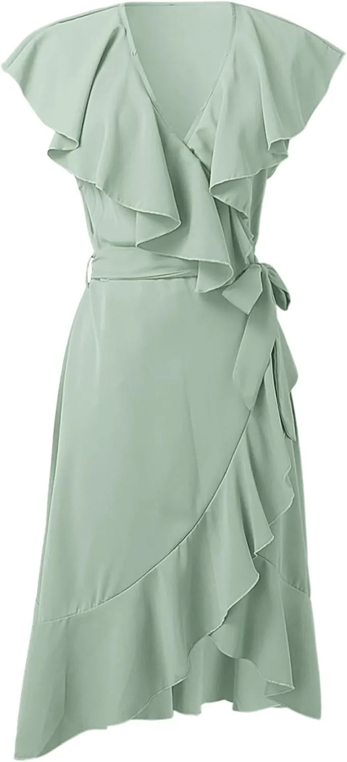 Womens Summer Wrap V Neck Split Party Dress Ruffle Short Sleeve Irregular Midi Dress with Belt