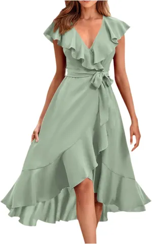Womens Summer Wrap V Neck Split Party Dress Ruffle Short Sleeve Irregular Midi Dress with Belt