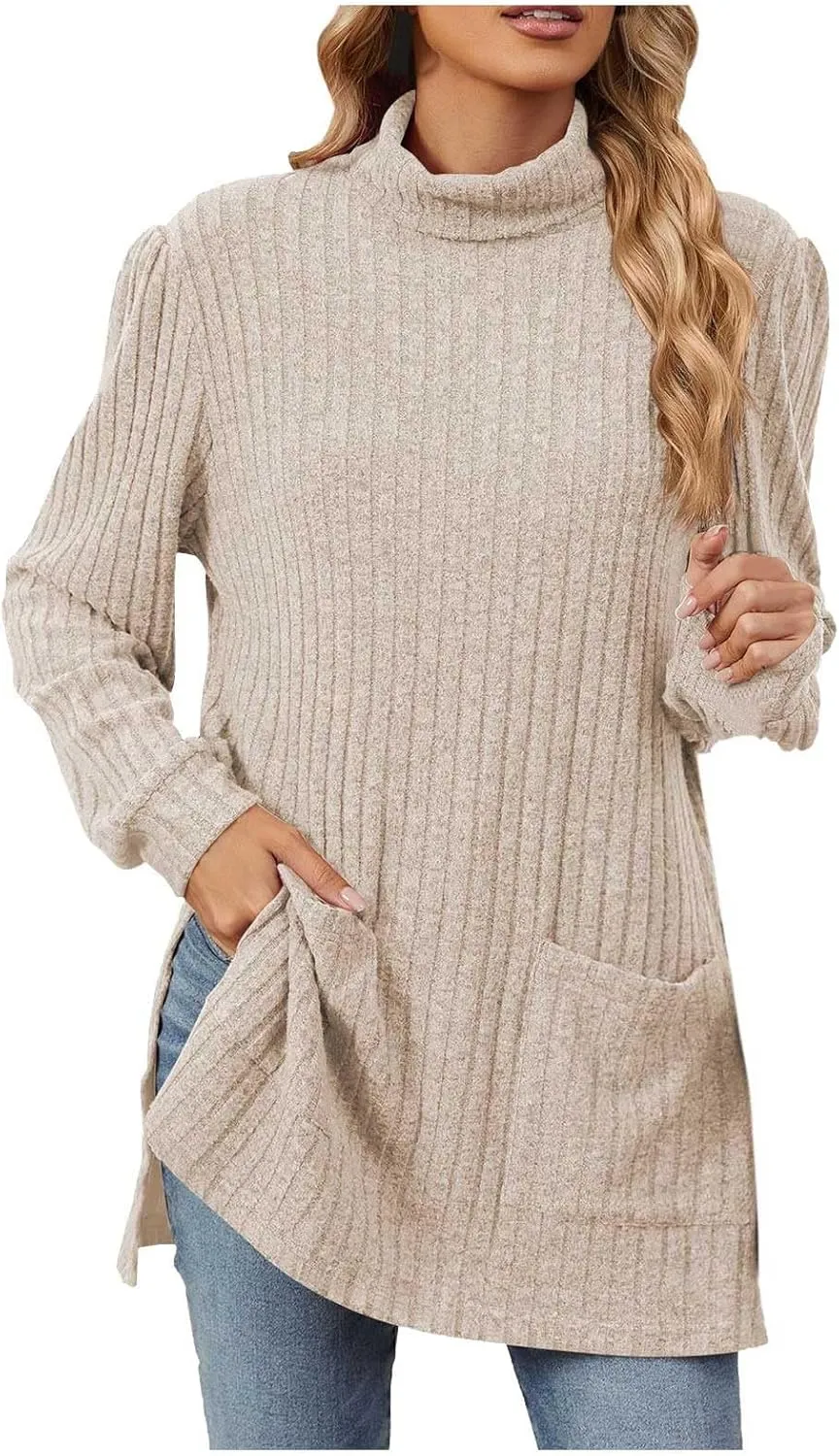 Womens Tunic Tops Turtleneck Long Sleeve Shirts Oversized Fall Sweaters Side Split High Low Hemline