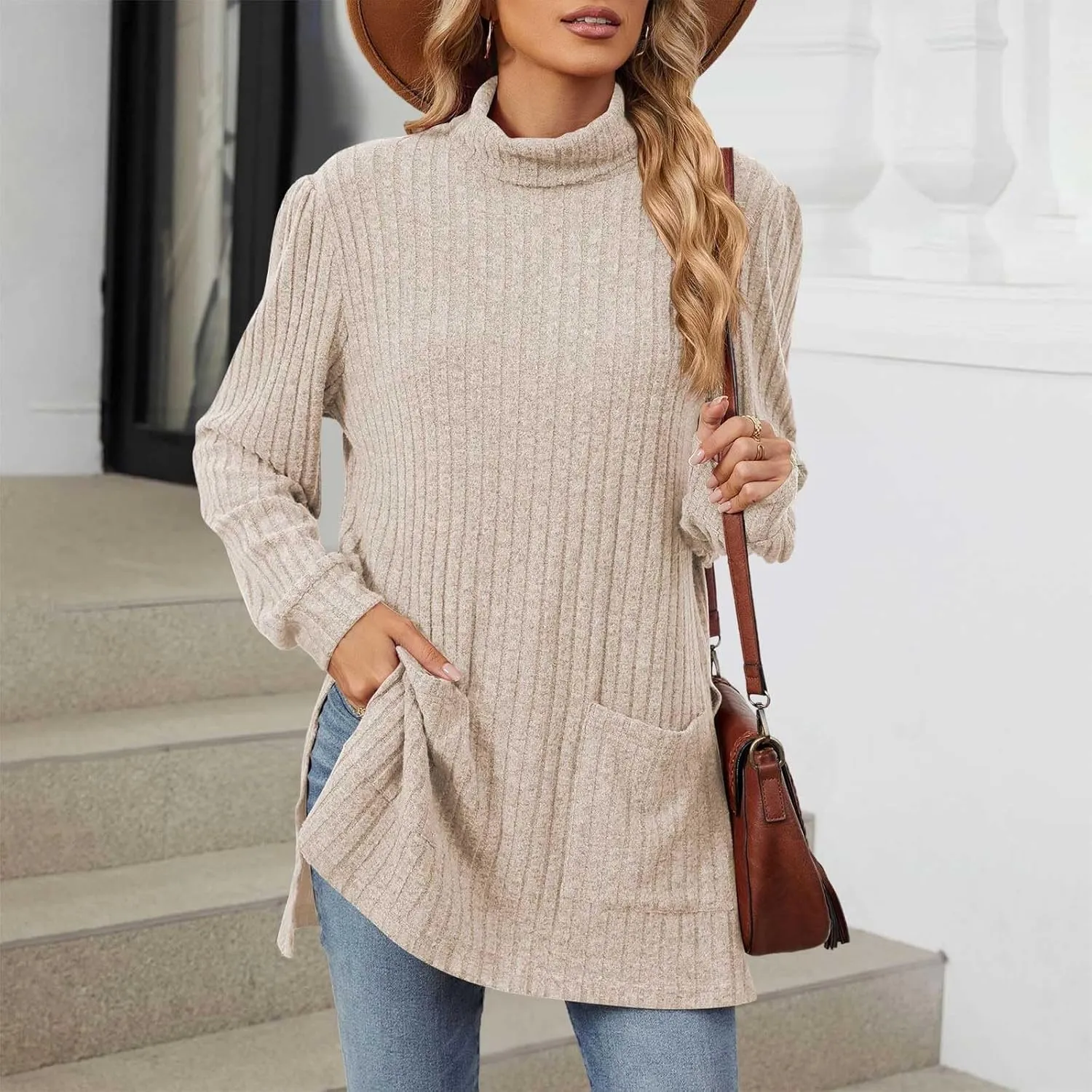 Womens Tunic Tops Turtleneck Long Sleeve Shirts Oversized Fall Sweaters Side Split High Low Hemline