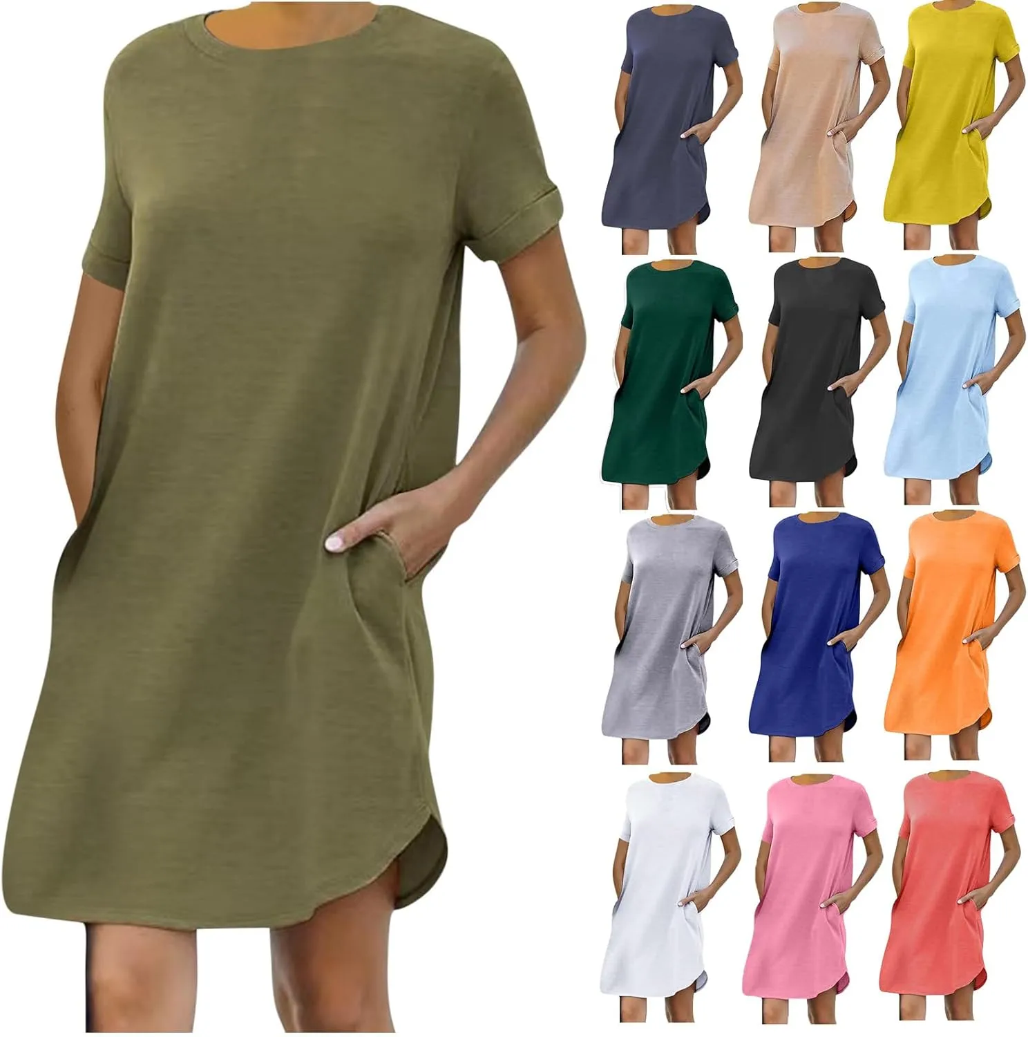 ZDRZK Casual Summer Dresses for Women Crewneck Short Sleeve Sundress Basic Solid Loose Fit Mini Shirts Dress with Pockets