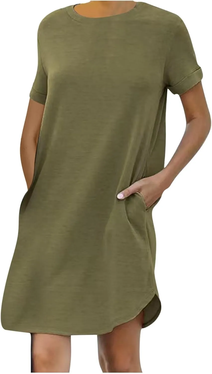 ZDRZK Casual Summer Dresses for Women Crewneck Short Sleeve Sundress Basic Solid Loose Fit Mini Shirts Dress with Pockets