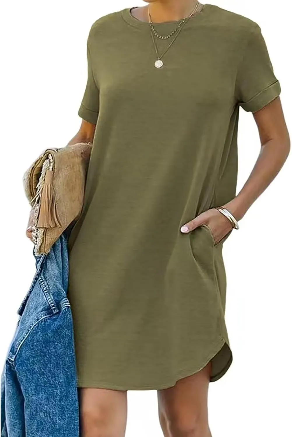 ZDRZK Casual Summer Dresses for Women Crewneck Short Sleeve Sundress Basic Solid Loose Fit Mini Shirts Dress with Pockets